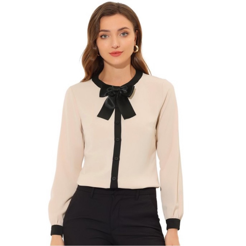 NWT! Allegra K Long Sleeve Bow Neck 
Casual Work Button Down Shirt Beige M